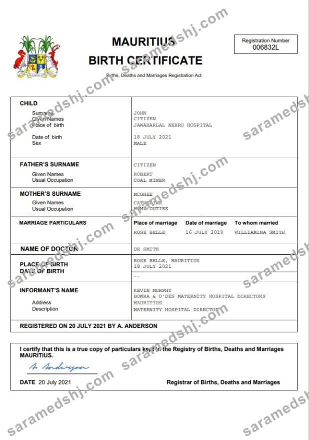Mauritius vital record birth certificate Word and PDF template